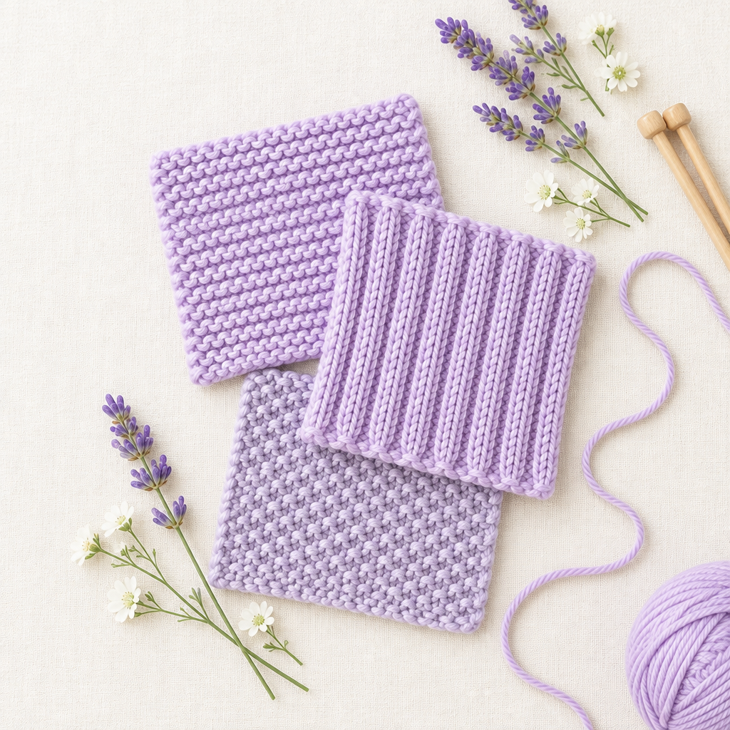 Lavender knitted swatches showing garter stitch, ribbing and moss stitch on cream linen with lavender and white flowers | Teekays Yarns