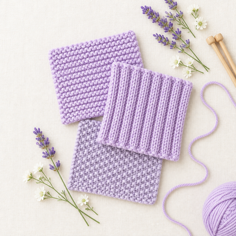 Lavender knitted swatches showing garter stitch, ribbing and moss stitch on cream linen with lavender and white flowers | Teekays Yarns