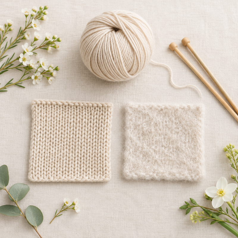 Two knitted swatches with different textures beside yarn and needles on light oat linen | Teekays Yarns