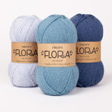 DROPS Flora Yarn, Sport Weight Wool Alpaca Blend, light blue, blue and dark blue Heathered Uni Colour and Mix | Teekays Yarns